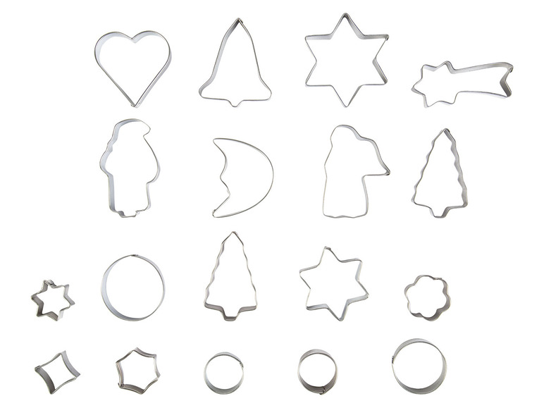 Un ensemble d'emporte-pièces de Noël, comprenant des cœurs, des cloches et des étoiles.