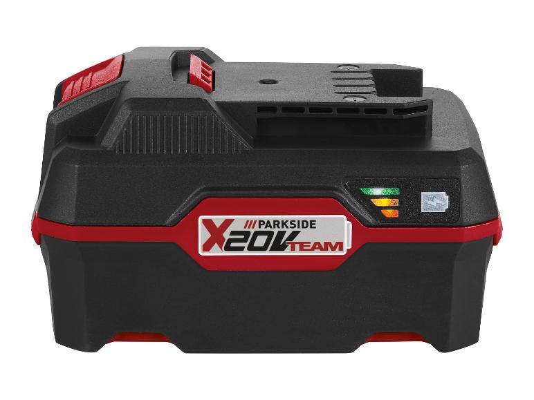 Een rode en zwarte Parkside X20V Team accu met laadindicator.