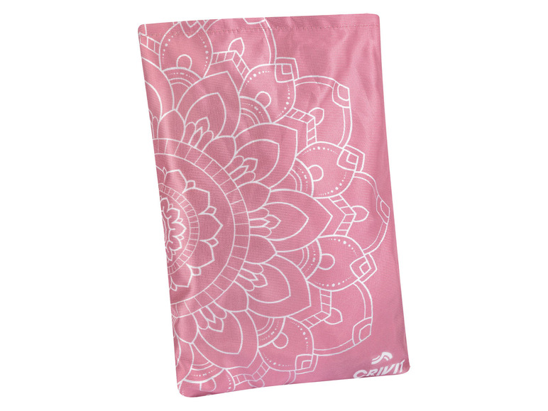 Un sac de tapis de yoga rose avec un motif mandala de Crivit.