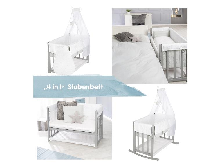 4-in-1 babybed, grijs en wit, met hemel, getoond als wieg, co-sleeper en bankje.