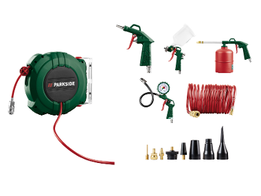 PARKSIDE® Ensemble complet : Enrouleur de tuyau à air comprimé et kit d'outils pneumatiques 13 pièces