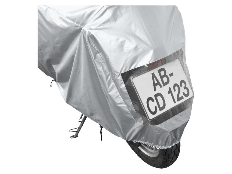 Housse de moto avec fenêtre transparente pour plaque d'immatriculation.