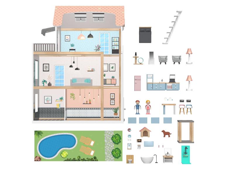 Maison de poupée à trois étages avec meubles et accessoires, y compris une piscine extérieure.