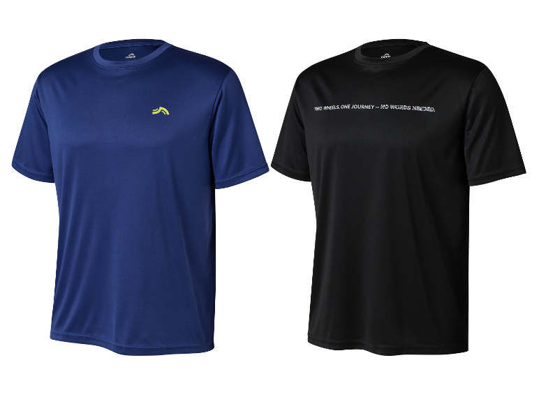 Deux t-shirts Crivit pour le cyclisme, un bleu marine et un noir.