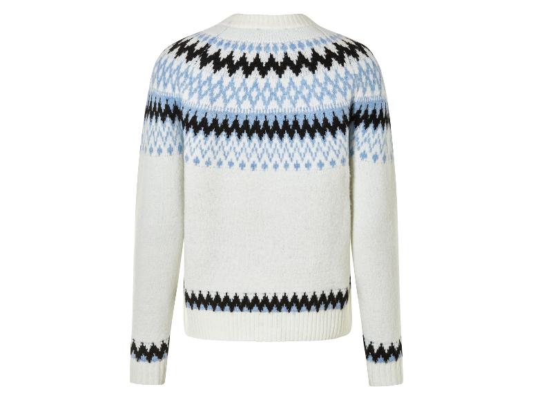 Un pull blanc avec un motif scandinave bleu et noir.