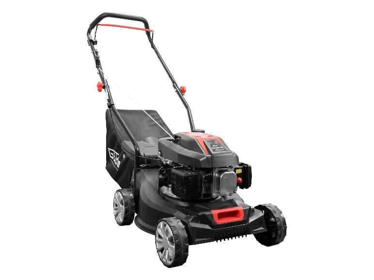 Een zwarte grasmaaier met rode accenten en een opvangbak van het merk 'Glide'.