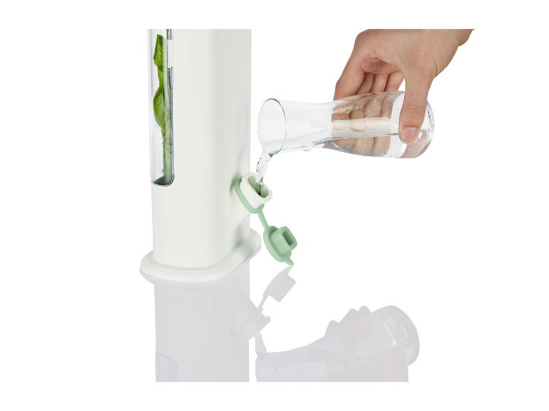 Een hand giet water in een witte plantenpot met een groene plant