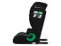 Siège auto noir pour enfant avec accents verts, vue latérale