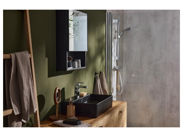 Moderne badkamer met zwarte wastafel, spiegelkast en douchecabine.