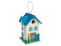 Une maison à oiseaux bleue et blanche avec l'inscription 'Home Sweet Home'.