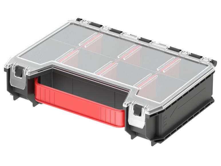 Boîte de rangement modulaire avec couvercle transparent et compartiments rouges amovibles