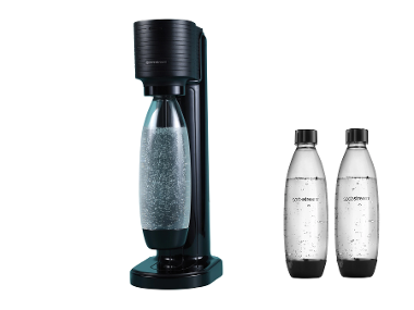 SodaStream Pack Gaia noir : Machine à soda avec bouteille 1L et cylindre, incluant des bouteilles de rechange