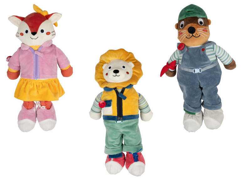 Trois animaux en peluche : un renard, un lion et un castor.