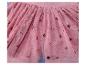 Gros plan d'une jupe en tulle rose avec des paillettes dorées et des détails floraux