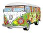 3D-puzzel in de vorm van een Volkswagenbusje, versierd met kleurrijke hippiemotieven.