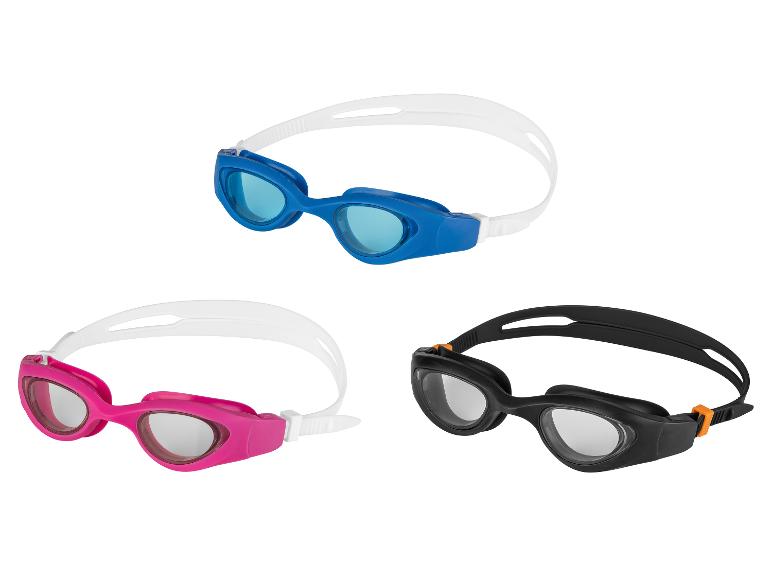 Lunettes de natation en trois couleurs : bleu, rose et noir.
