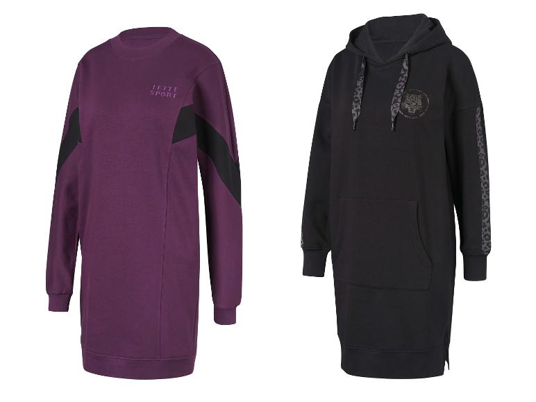 Twee Jette Sport jurken: een paarse met zwarte details en een zwarte hoodie met luipaardprint.