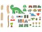 Houten speelset met dinosaurus-thema, inclusief treinrails, dinosaurusfiguren en accessoires.