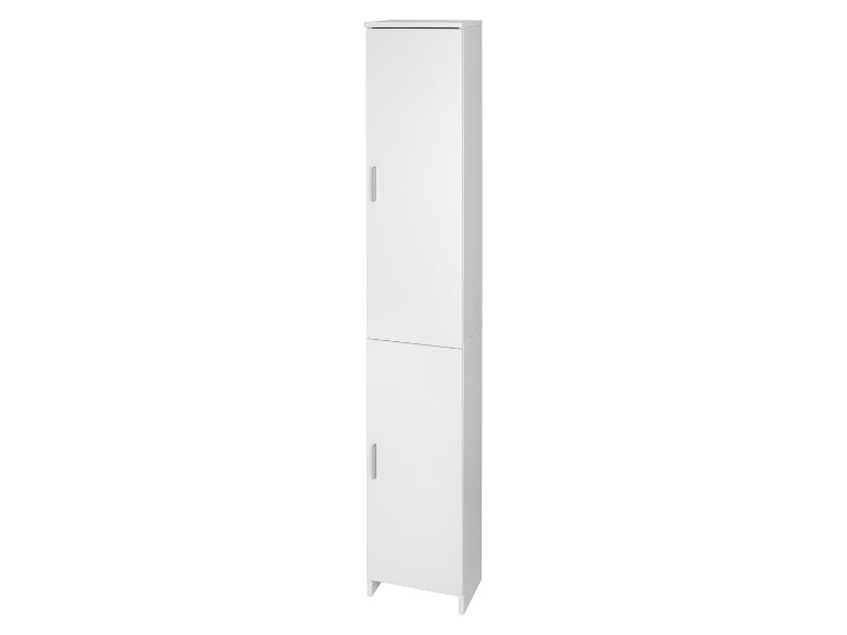 Armoire haute blanche à deux portes avec poignées métalliques, idéale pour le rangement.