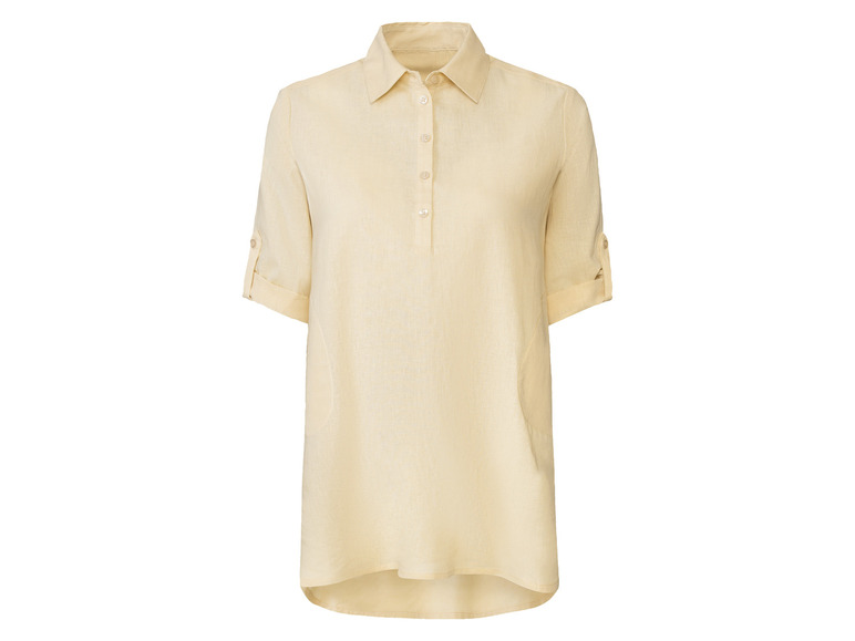Een lichtgele linnen blouse met korte mouwen.