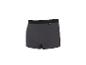 Boxer gris foncé avec ceinture élastique noire et petite étiquette avec texte.
