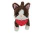 Een bruin en wit pluche kattenknuffel met een rood met witte stippen bandana.
