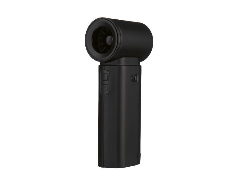 Zwarte handventilator met draaibare kop en bedieningsknoppen.