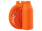 Een oranje draagbare ventilator met een ingebouwde batterij.