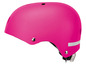 Un casque de vélo rose avec une bande réfléchissante.
