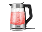 Glazen waterkoker met rode verlichting en niveau-indicatoren.