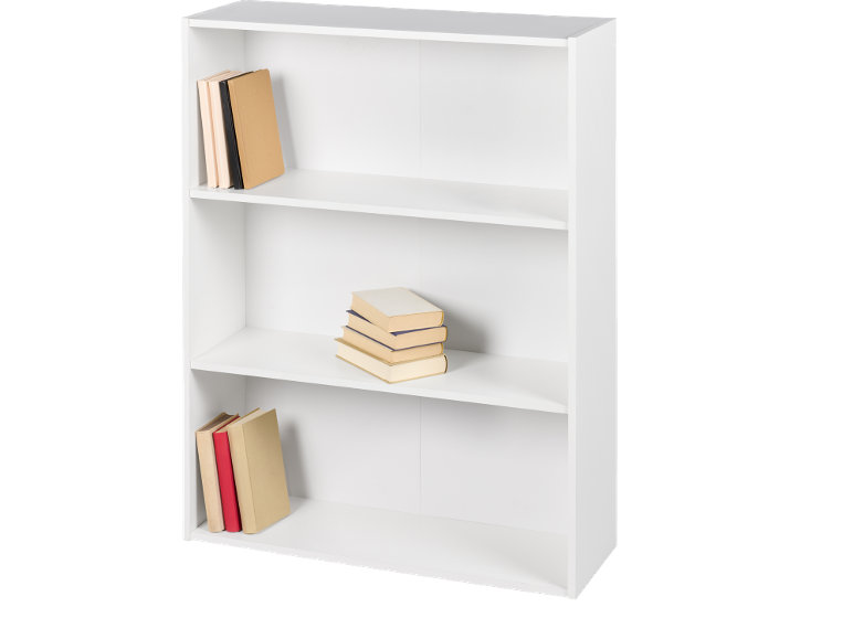 Bibliothèque blanche à trois étagères, avec des livres sur chaque étagère.