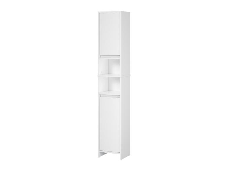 Meuble de salle de bain haut blanc avec portes et étagères ouvertes pour le rangement.
