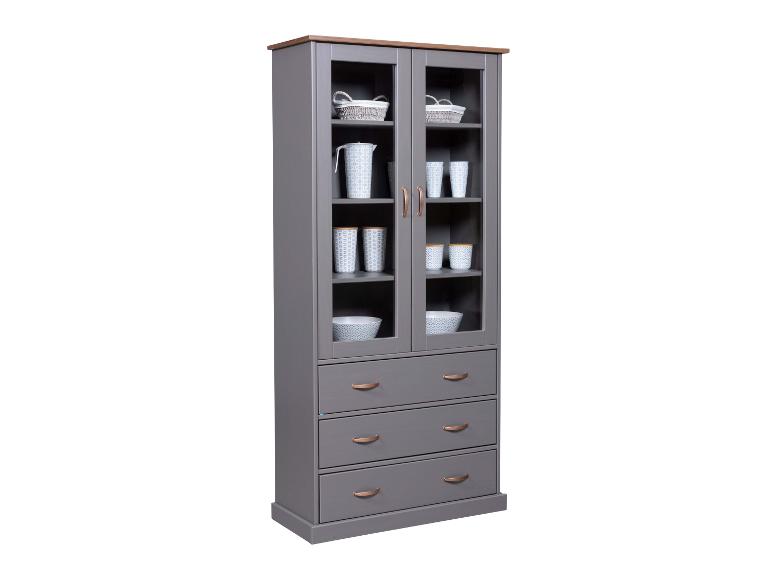 Armoire grise avec deux portes en verre et trois tiroirs.