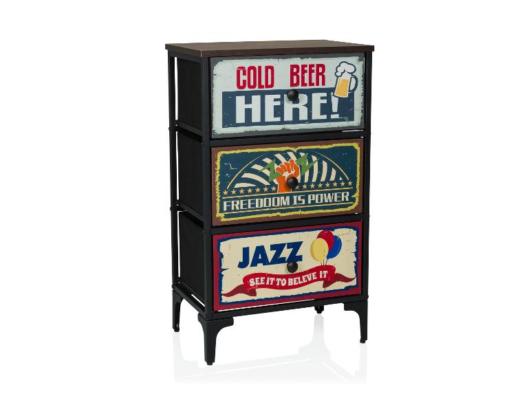 Commode à 3 tiroirs avec panneaux rétro: «COLD BEER HERE!», «FREEDOM IS POWER» et «JAZZ».