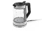 Glazen waterkoker met zwart handvat en basis, met waterniveau-aanduidingen.