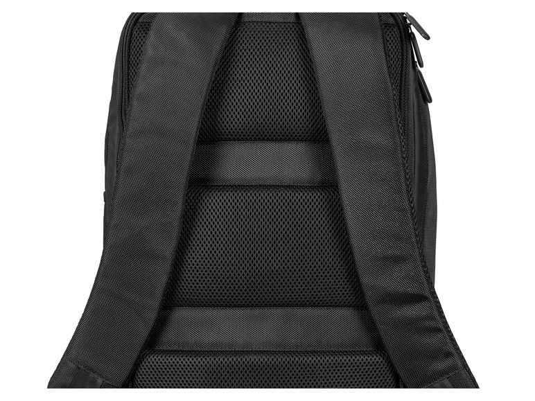 Le dos d'un sac à dos noir avec des panneaux en mesh.