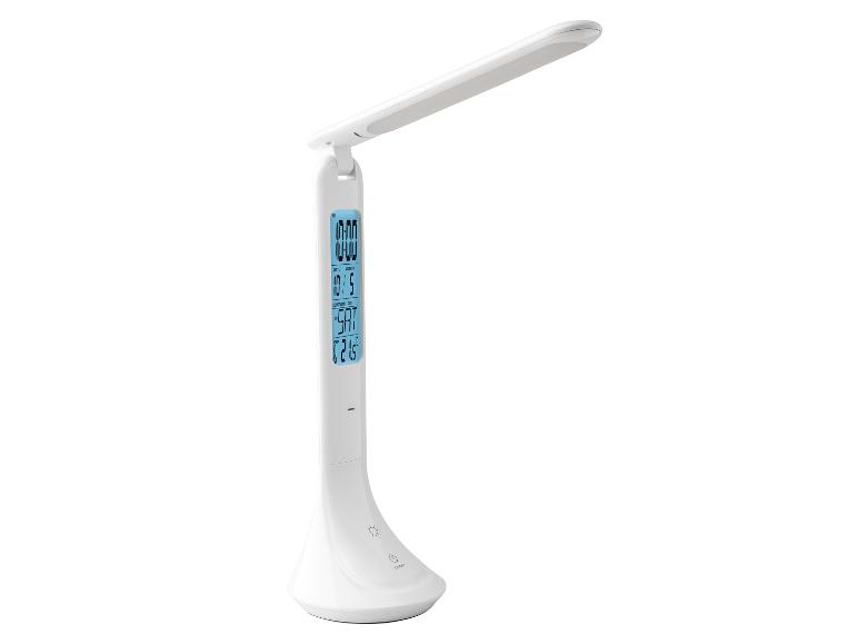 Lampe de bureau LED avec horloge et thermomètre intégrés.