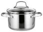 Roestvrijstalen pan met glazen deksel en handvatten.