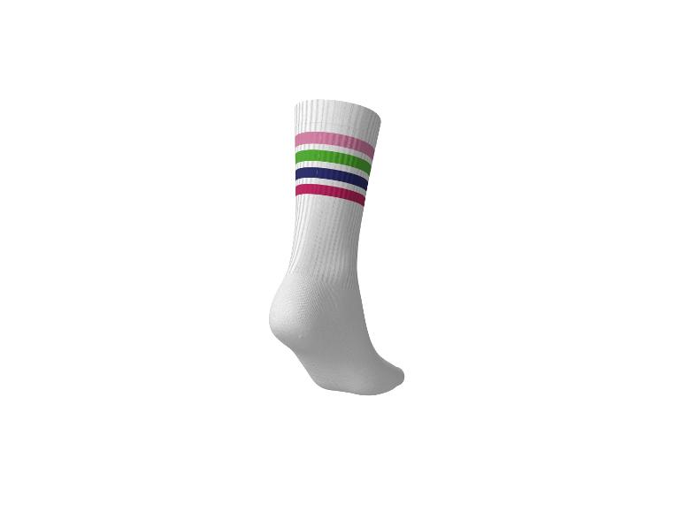 Chaussette blanche avec des rayures roses, vertes, bleu marine et fuchsia.