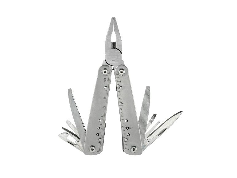 Multitool met mes, zaag, vijl en andere gereedschappen.