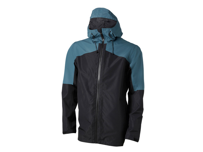 Een zwarte regenjas met capuchon en blauwe details.