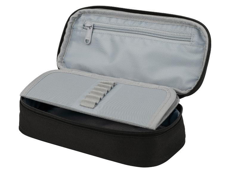 Open zwart etui met grijze binnenvakken en ritssluiting
