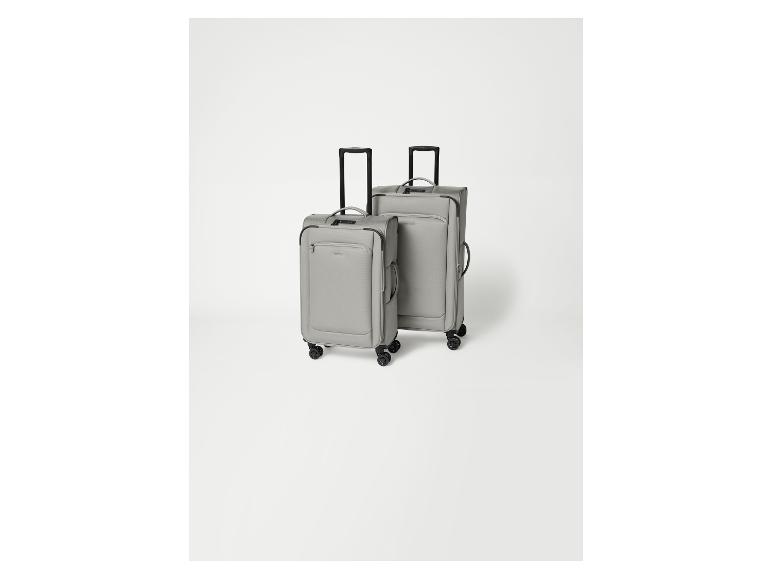 Deux valises grises de tailles différentes sur un fond blanc.