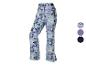 Skibroek met abstracte blauwe en paarse print, met zakken en ritsen.