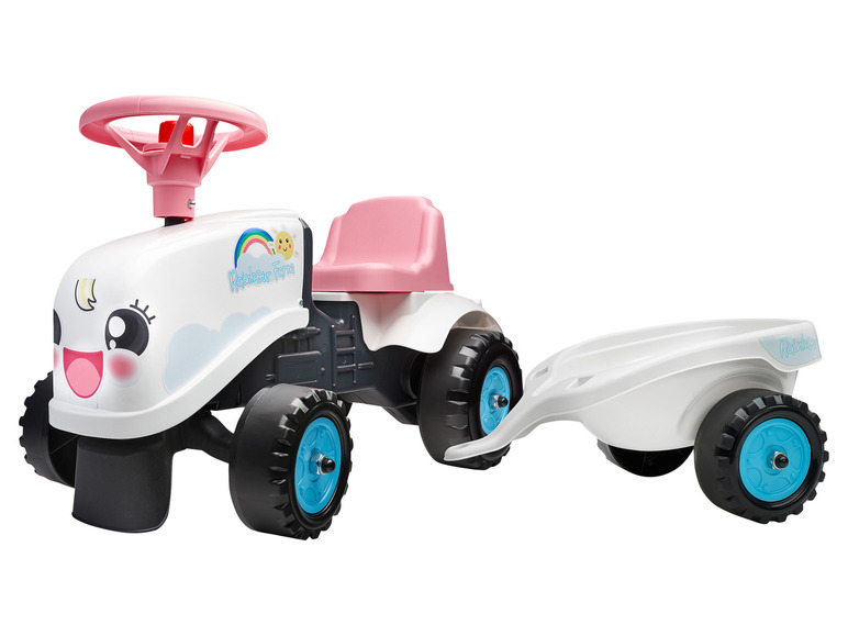 Een witte Rainbow Farm tractor met aanhanger voor kinderen.