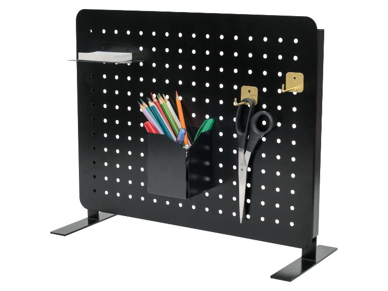 Organisateur de bureau en métal noir avec accessoires.