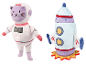 Jouets en peluche : chat astronaute et fusée.