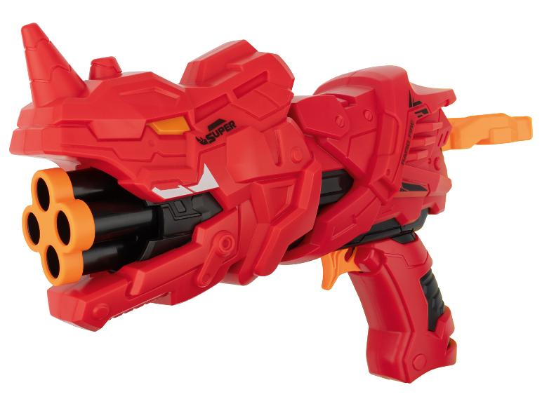 Een rode blaster met meerdere vaten en een snelvuurmechanisme.