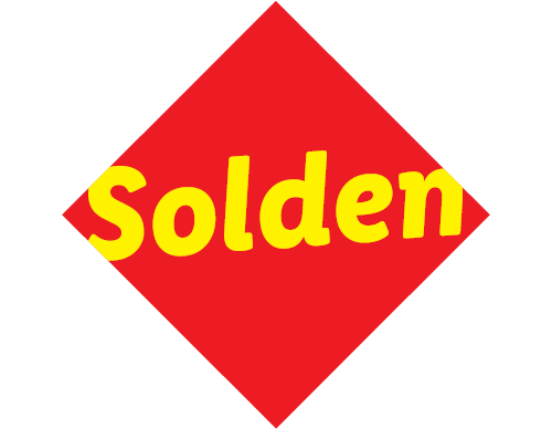 Rode ruit met gele tekst „Solden”.