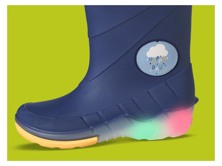 Donkerblauwe kinderregenlaars met lichtgevende zool en 'Happy Day' wolk-badge.